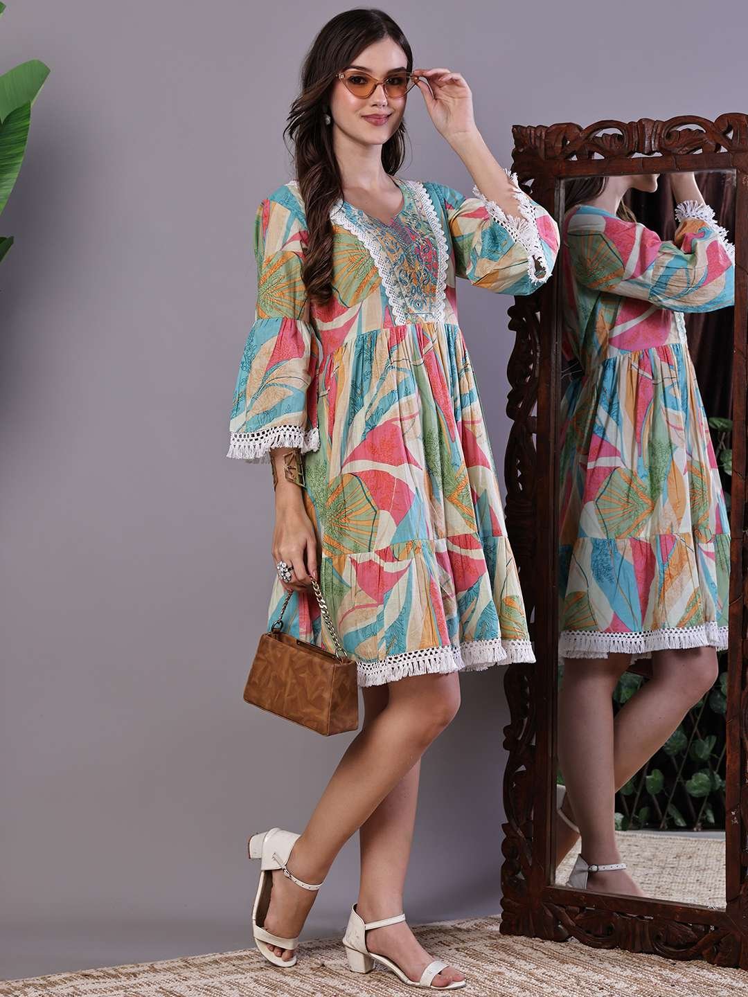 Wome's Multicolor Printed Cotton A-Line Dress with Embroidered Yoke Midi Dresses